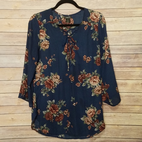 Rue21 Tops - RUE 21 Navy Blue with floral Blouse Sz. M